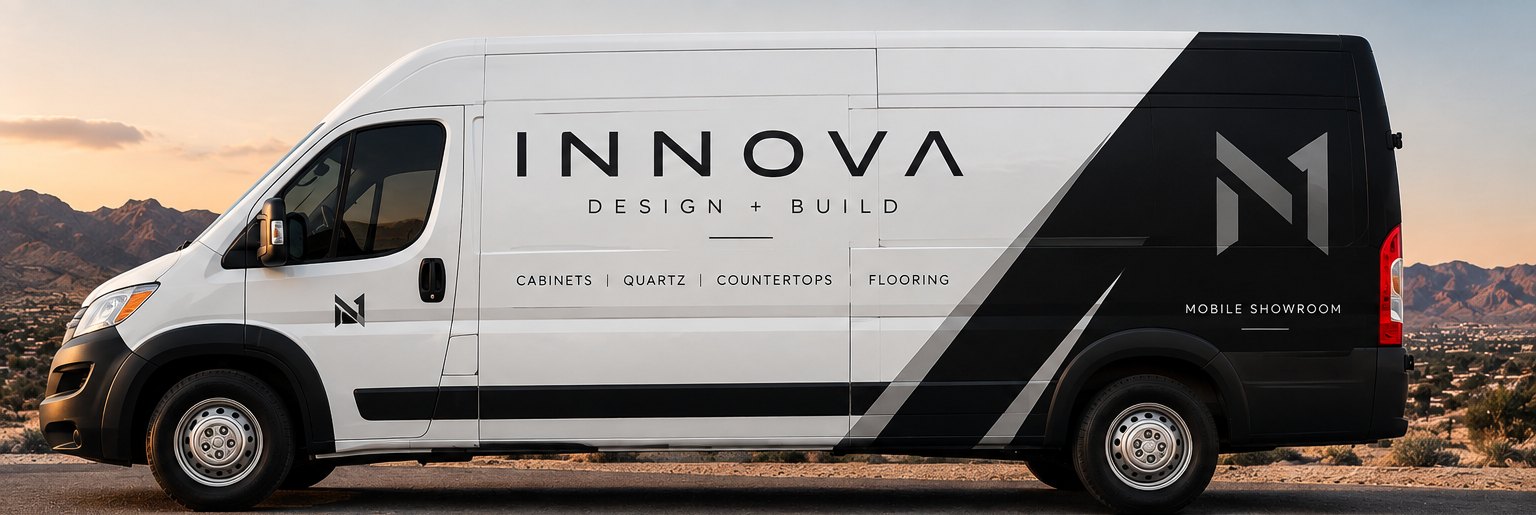 Innova Design + Build Mobile Showroom van with cabinets, quartz, countertops, and flooring samples